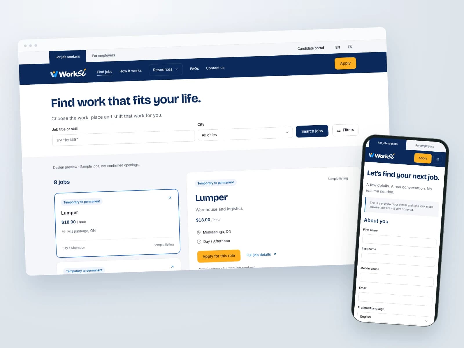 Vista previa del diseño de WorkSi con búsqueda de empleo en escritorio y postulación móvil