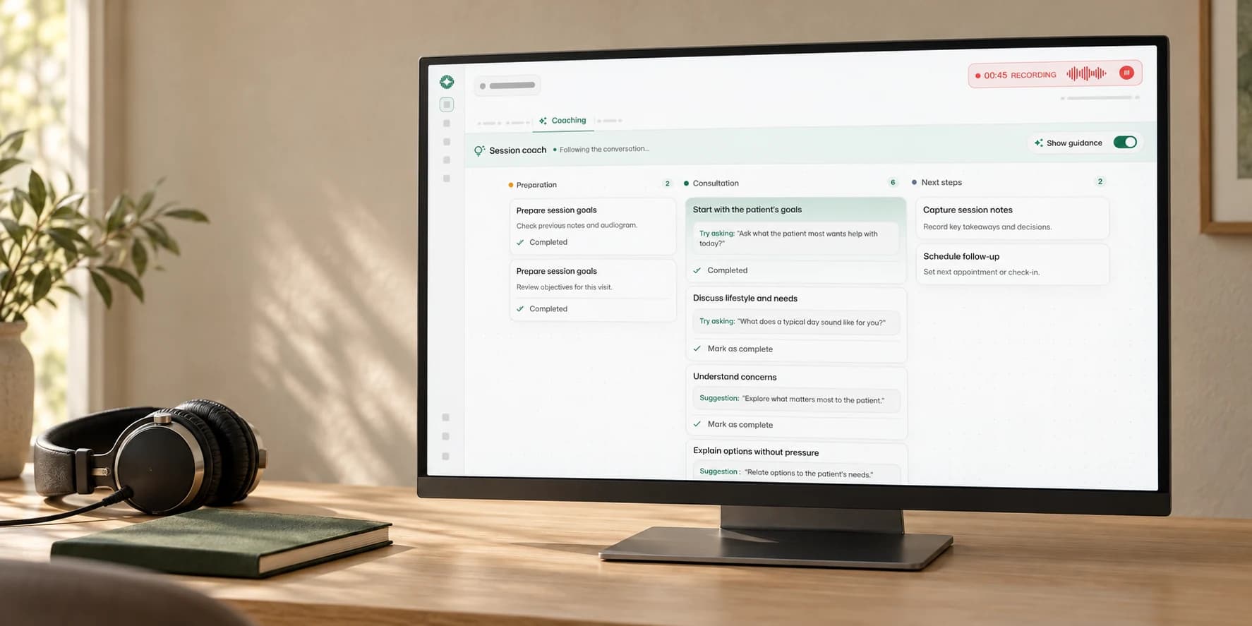 Escena ilustrativa de un consultorio con el asistente de consulta de Otomatic en un monitor