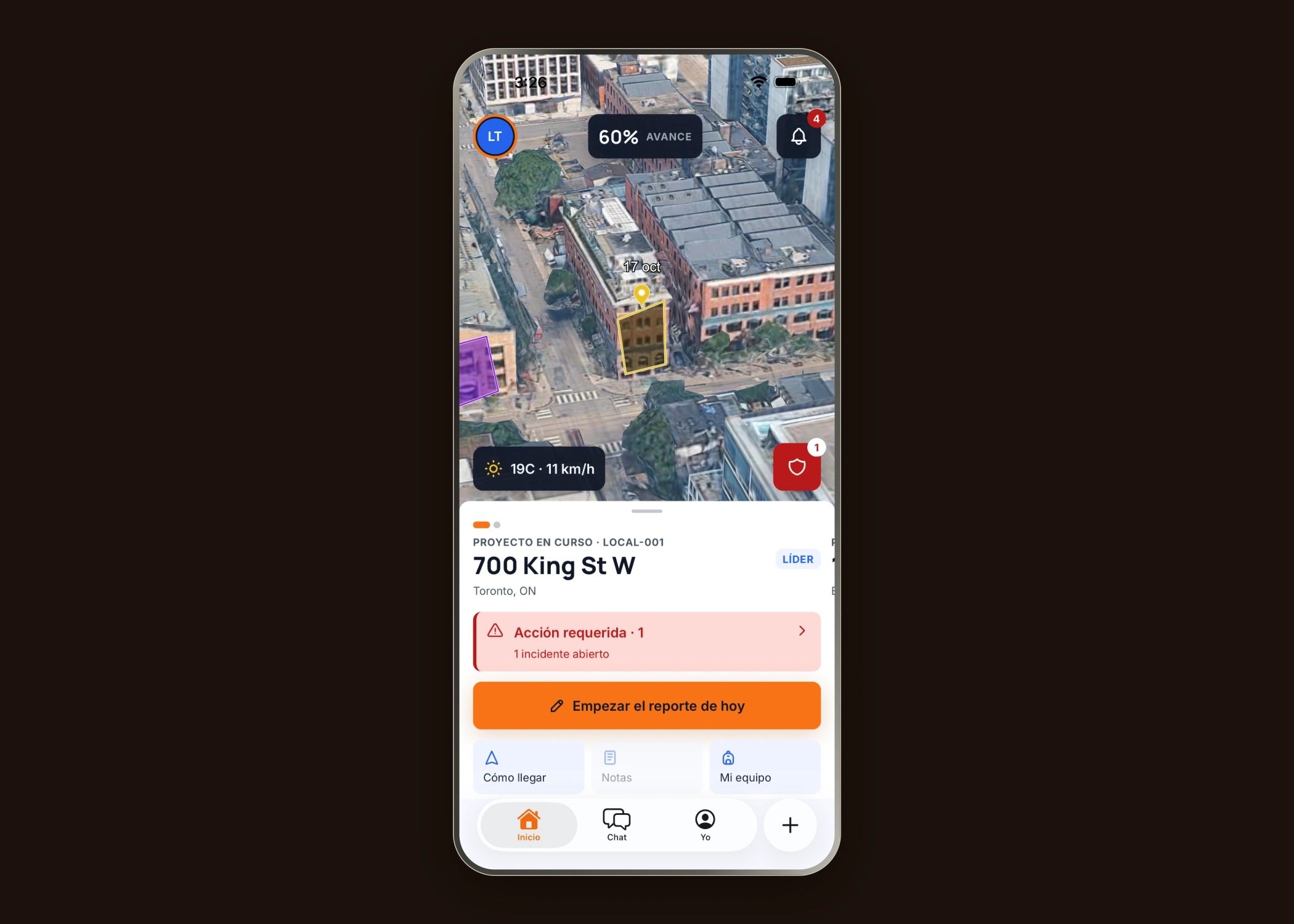 Inicio móvil de Cordix con mapa 3D del edificio y controles de reporte diario, en un solo teléfono vertical.